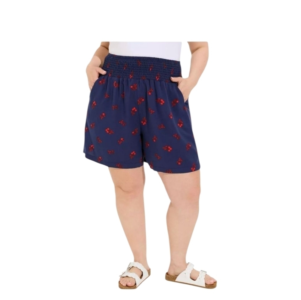 Torrid Womens Blue Red Candy Cherries Print Smocked Pull On Challis Shorts 1X